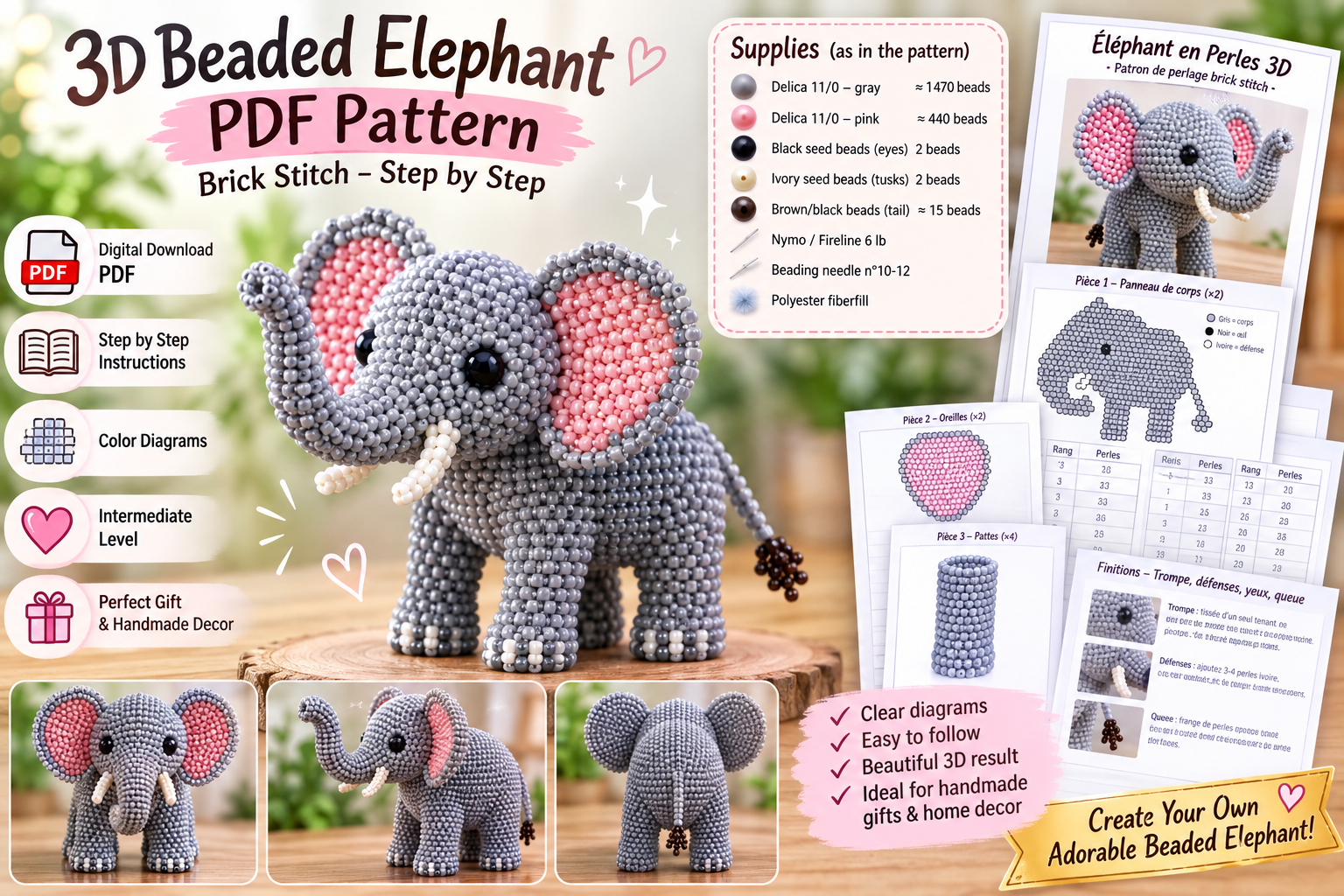 3D Beaded Elephant PDF Pattern