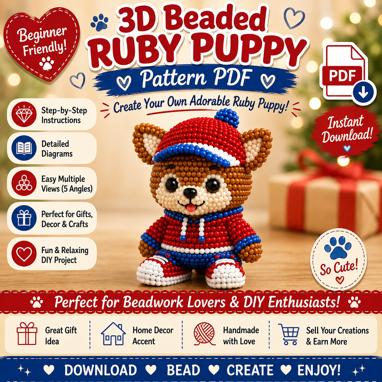 3D Beaded Ruby Puppy PDF Pattern