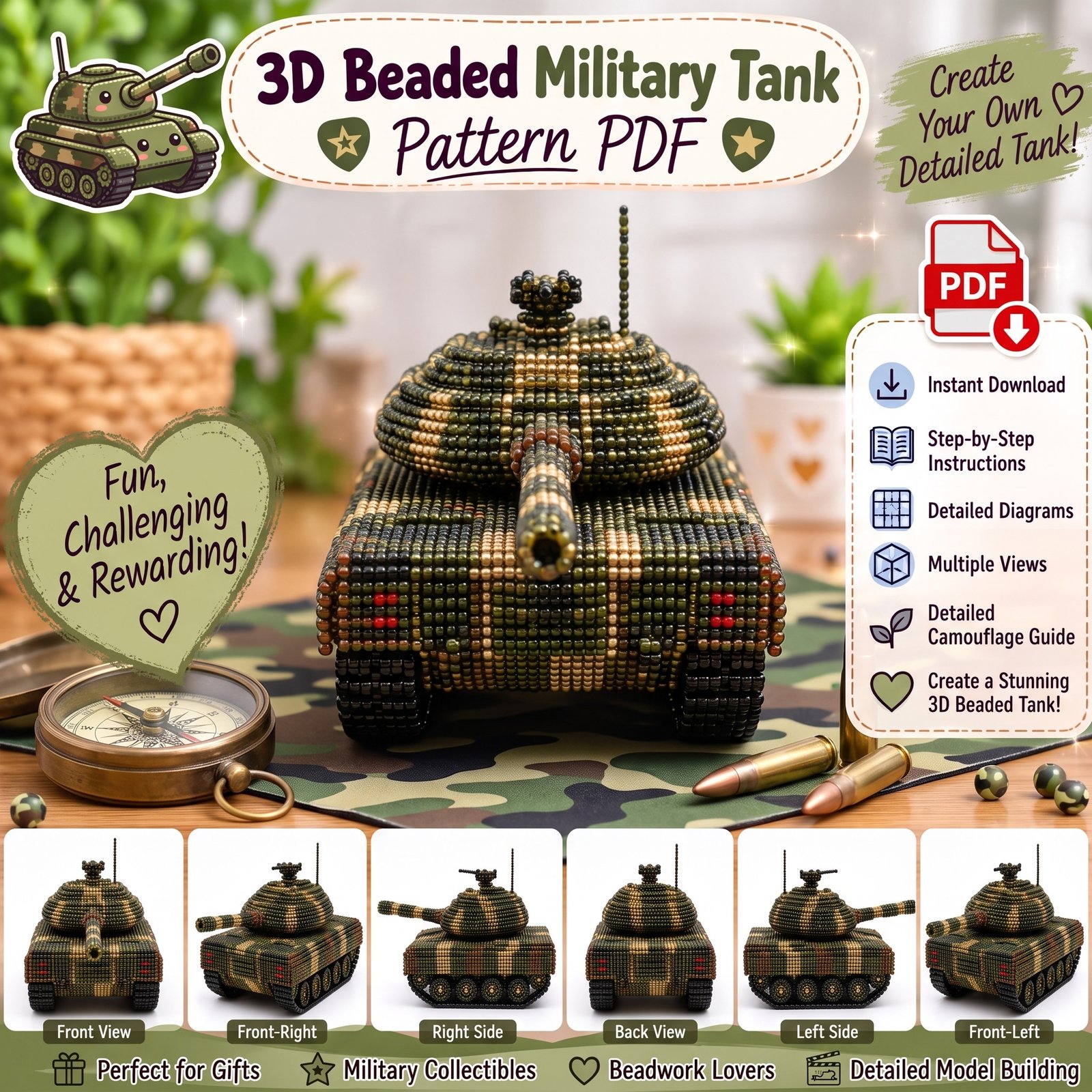 3D Beaded Military Tank PDF Pattern PDF pattern