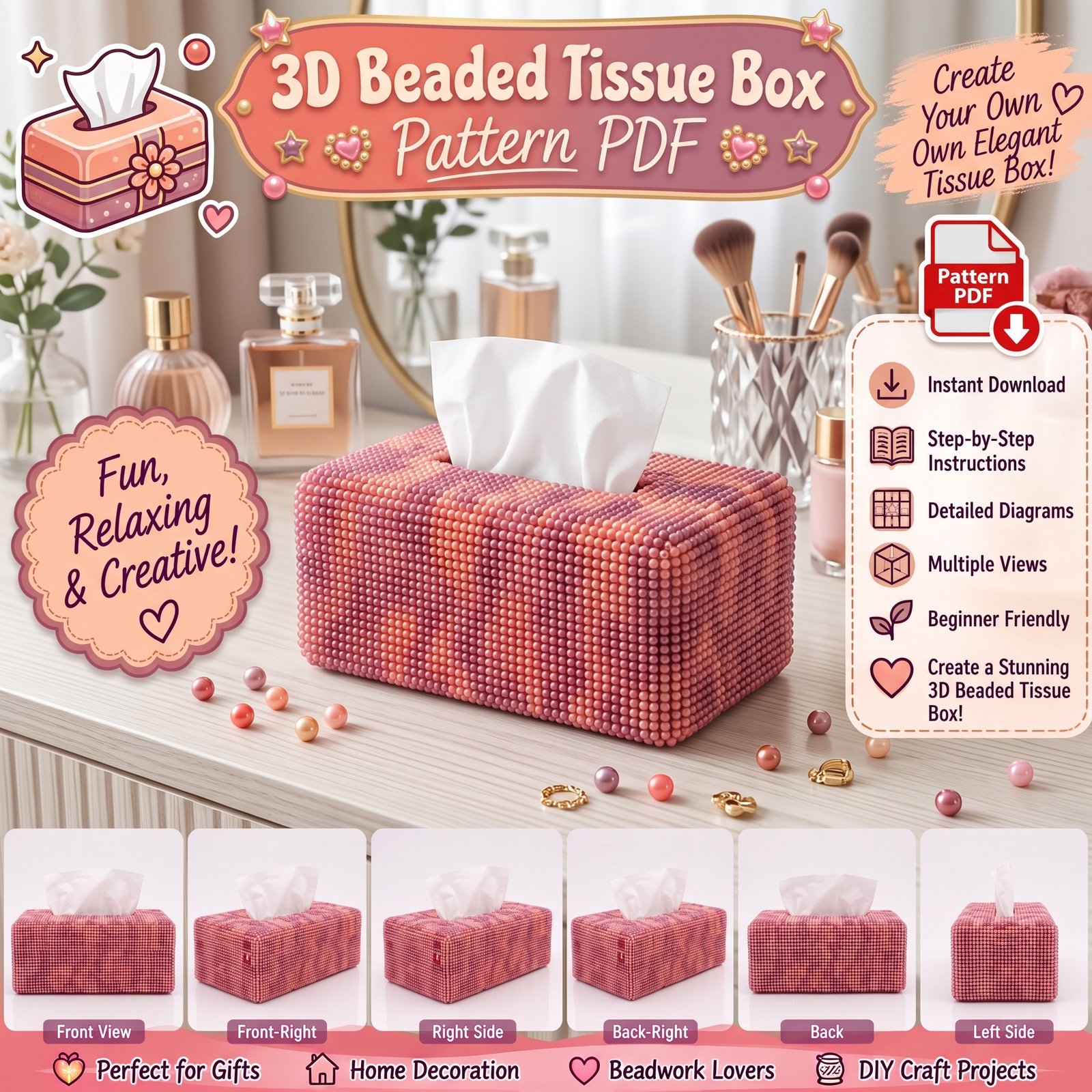 3D Beaded Tissue Box Cover PDF Pattern PDF pattern