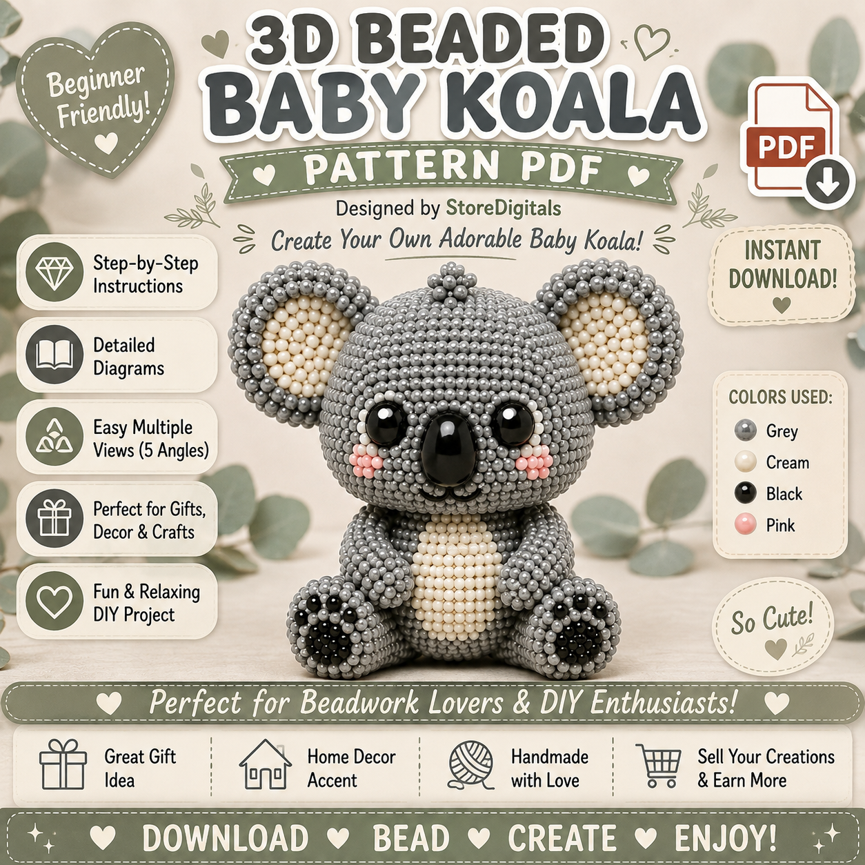 3D Beaded Baby Koala PDF Pattern PDF pattern