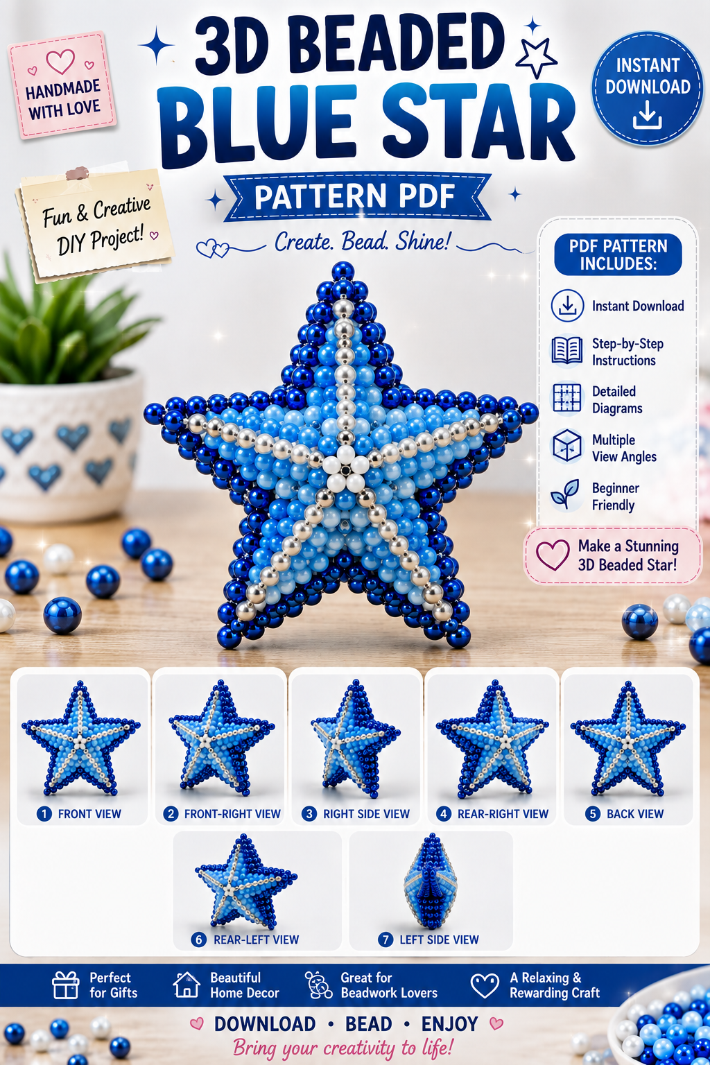 3D Beaded Blue Star PDF Pattern PDF pattern
