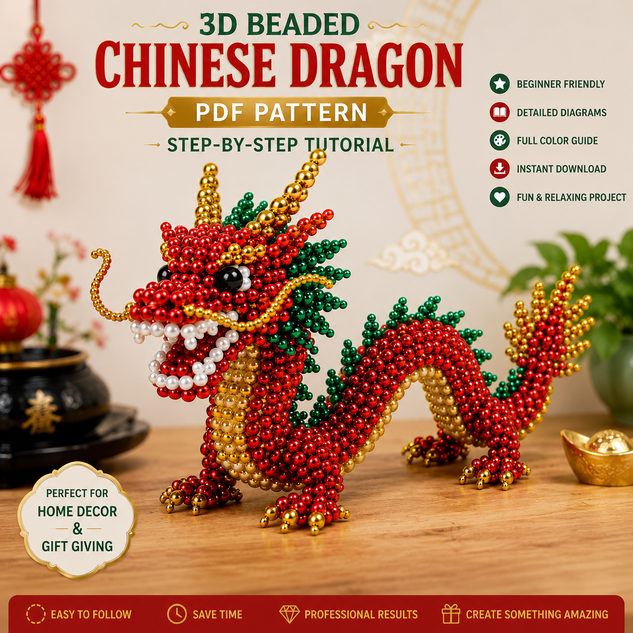 3D Beaded Chinese Dragon PDF Pattern PDF pattern