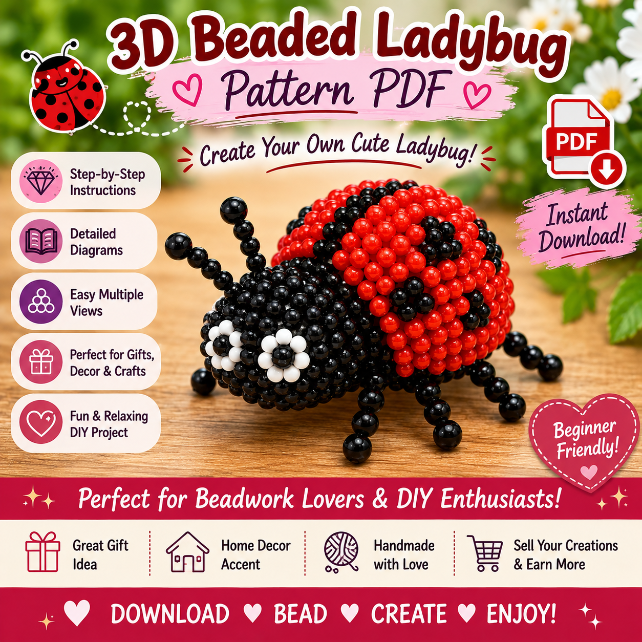 3D Beaded Ladybug PDF Pattern PDF pattern