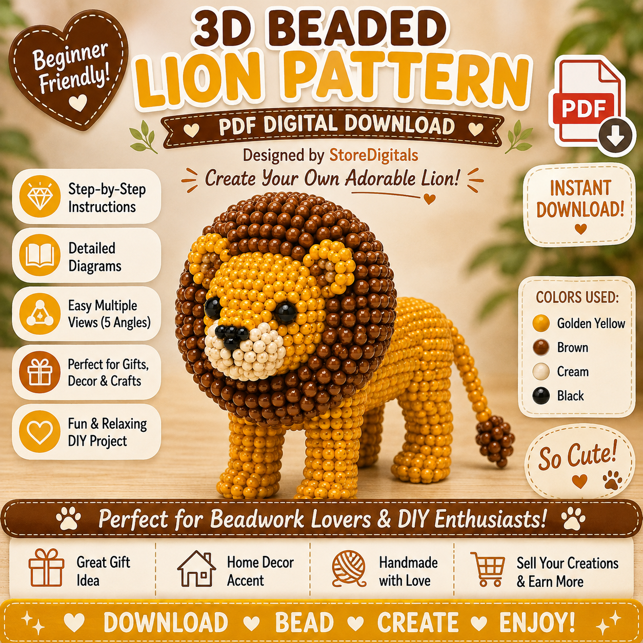 3D Beaded Lion PDF Pattern PDF pattern