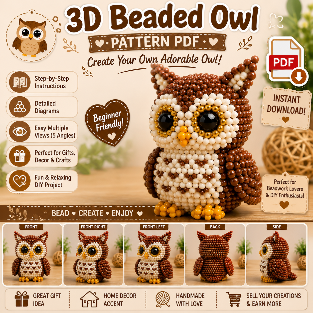 3D Beaded Owl PDF Pattern PDF pattern