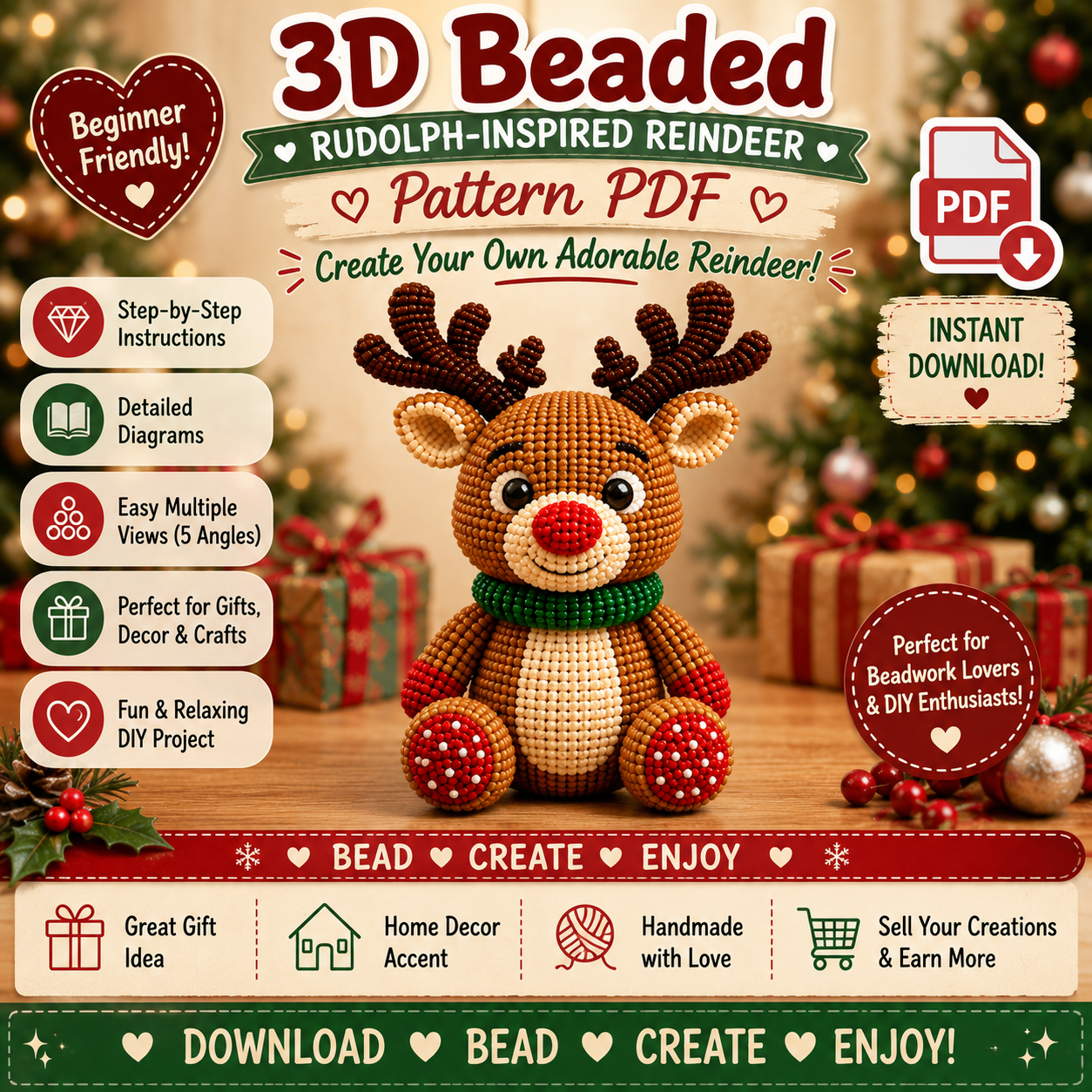 3D Beaded Reindeer PDF Pattern PDF pattern